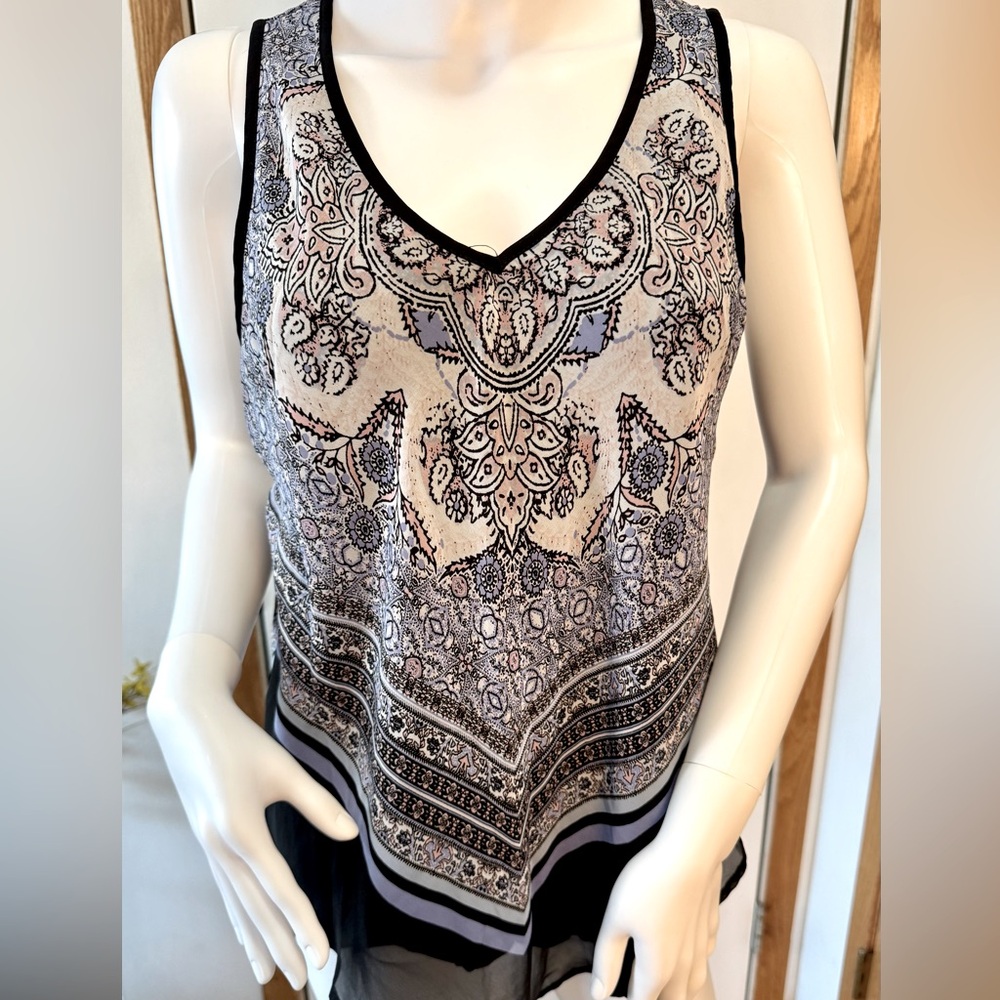 B Wear Sheer Layered Tank Top Sz L Black Multi Print